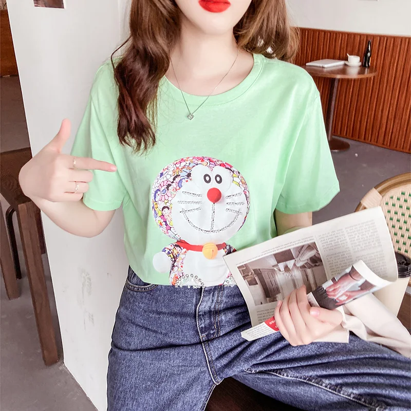 Новая тяжелая промышленная футболка с алмазным мультяшным дораэмоном женские