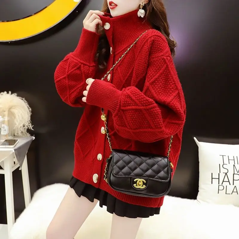 

2021 Women Spring Autumn New Turtleneck Cardigan Outwear Female Thick Warm Sweater Coats Ladies Solid Loose Knitted Jackets P444