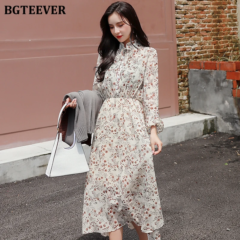 BGTEEVER винтажное шифоновое женское платье с цветочным принтом стоячий воротник
