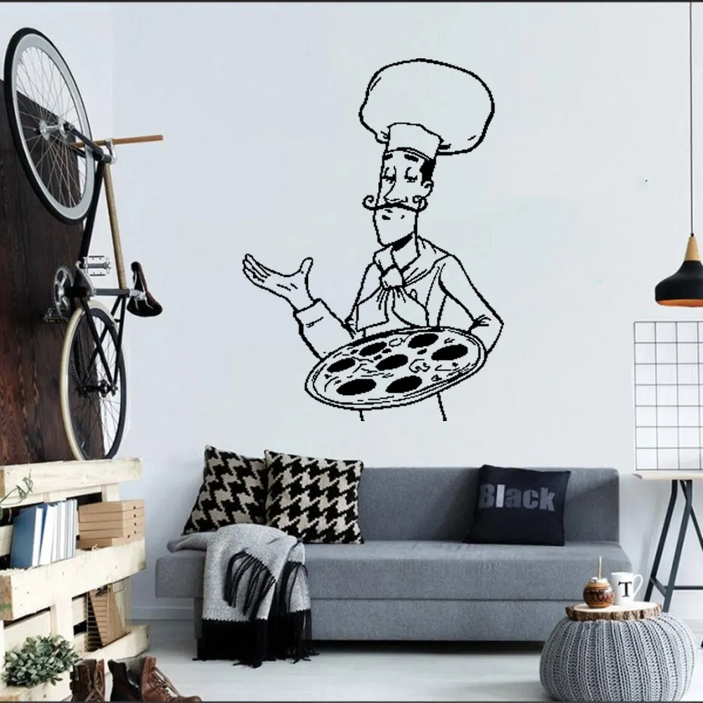 

Baking Chef Wall Sticker Pizza Wall Decal Kitchen Pizzeria Logo Restaurant Vinyl Sticker Window Cook Sign Dinning DW4310