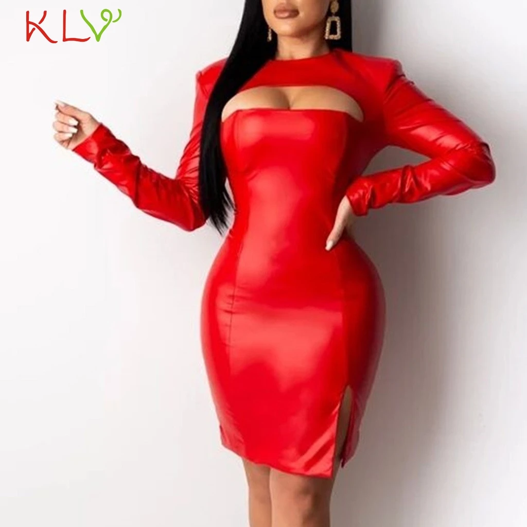 Женское кожаное платье с разрезом вечерние облегающие Короткие Платья мини