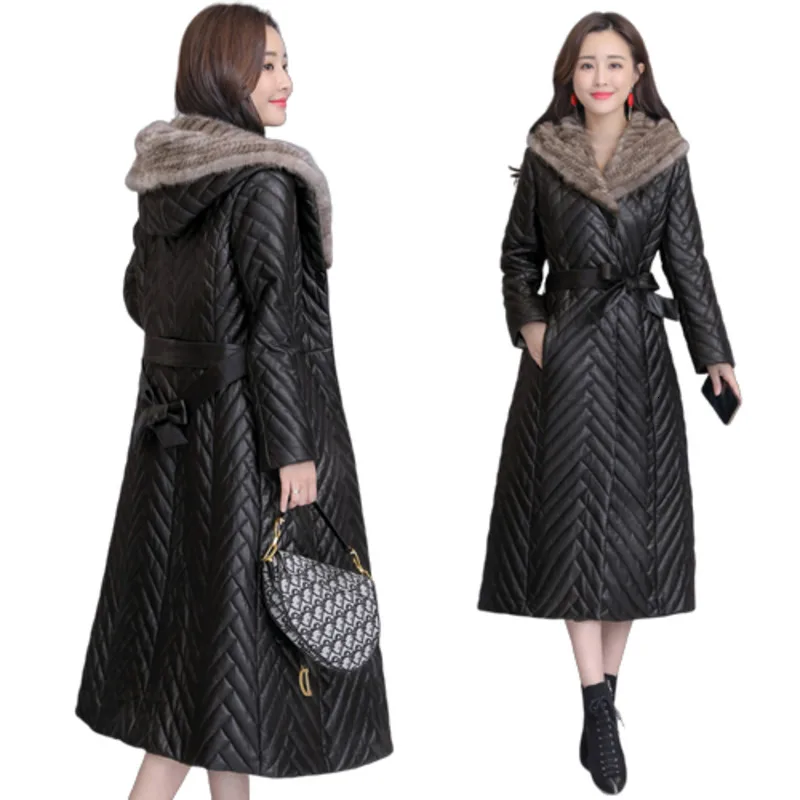 Кожаная куртка Женская овечья пуховая шапка Chaqueta Cuero Mujer стройнящая зимняя черная