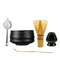 unique crude matte black ceramic chawan kiln glazed handmade japanese matcha bowl bamboo whisk sifter holder scoop gift kit