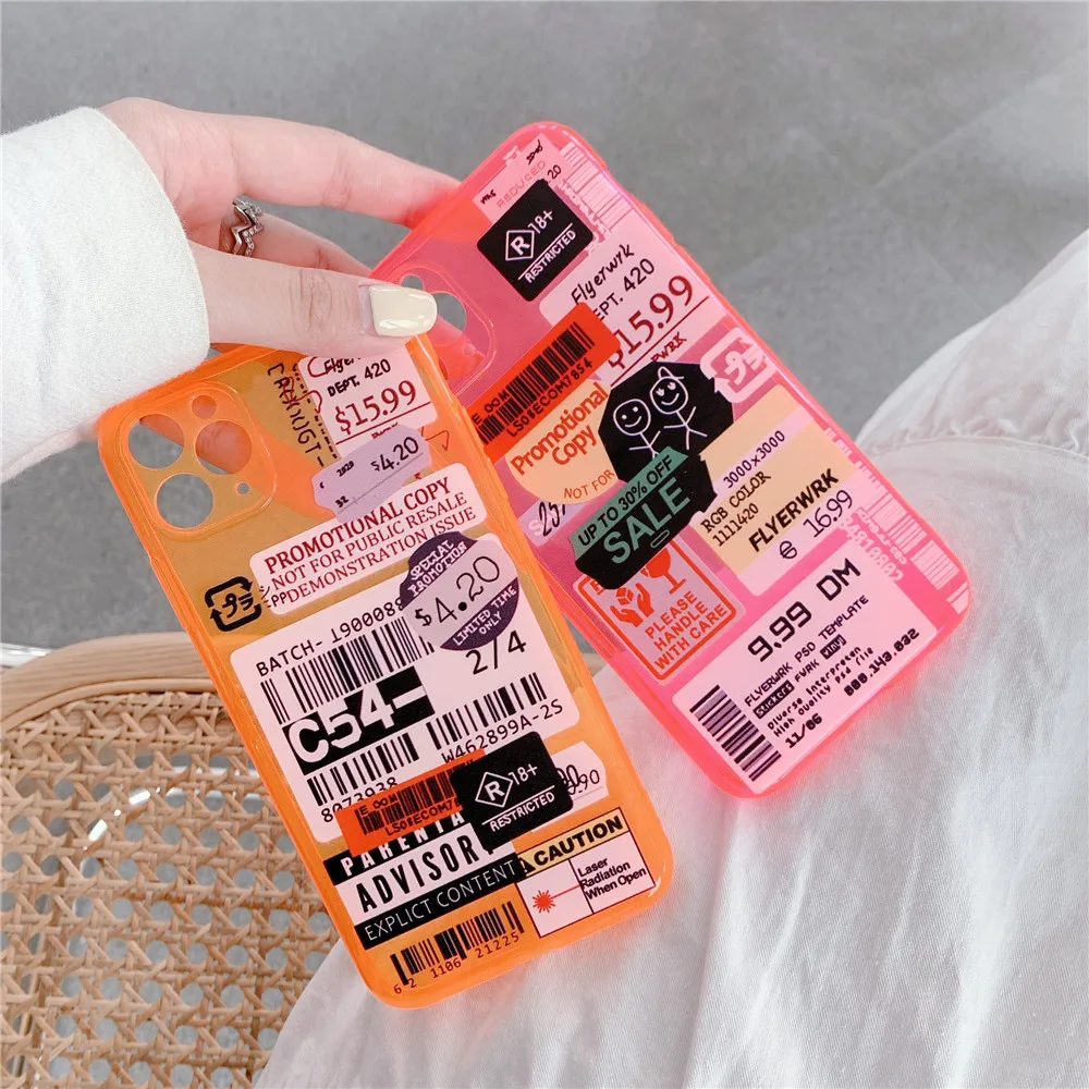 

INS Fashion Fluorescence barcode Label Phone Case For iphone 11 12 Pro X XS Max XR 7 8 Plus SE2 Transparent Silicon Soft Cover