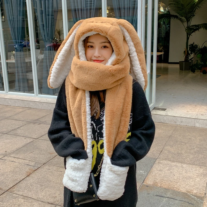 

Cute Three-in-one Gloves Scarf Funny Cartoon Hat Warm Plush Long Ears Bunny Rabbit Hat Winter Hat Adult Birthday Gift Female Hat