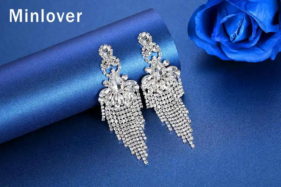 Серьги-подвески Minlover серебристого цвета с длинной металлической кисточкой для женщин, корейские стразы, свадебные серьги с бахромой, ювелирные изделия MEH1647