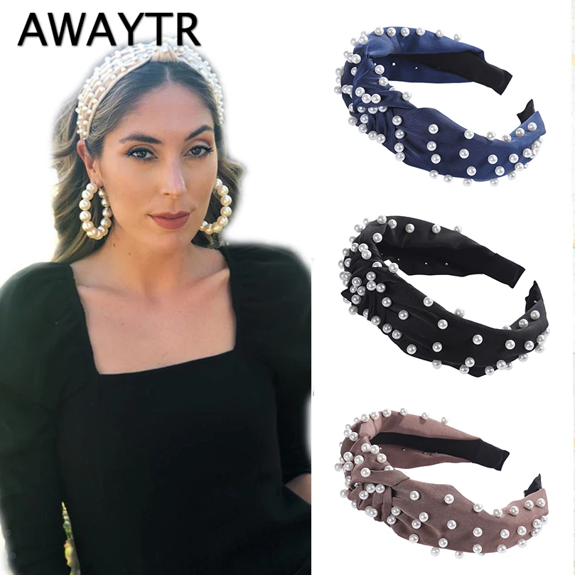 AWAYTR, Корейская Жемчужная Повязка на голову для женщин, ободок, простая завязанная петля для волос, Женская повязка на голову, модные аксессуары для волос для девушек, аксессуары