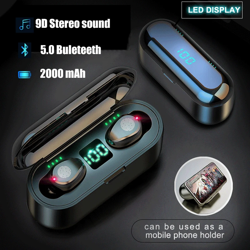

Беспроводные наушники TWS F9, Bluetooth наушники, 9D стерео спортивные Игровые наушники с цифровым дисплеем, гарнитура с зарядным футляром 2000 мАч