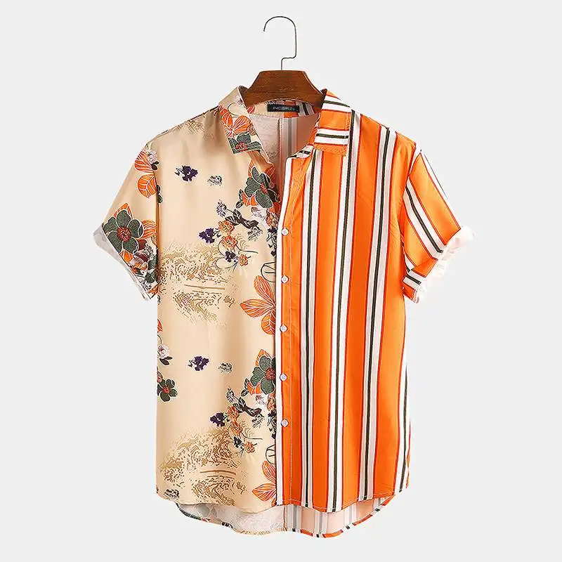 S-3XL England Style Mens Ethnic Printed Stand Collar Stripe Short Sleeve Loose Hawaiian Henley Shirt Fashion Shirt Tops