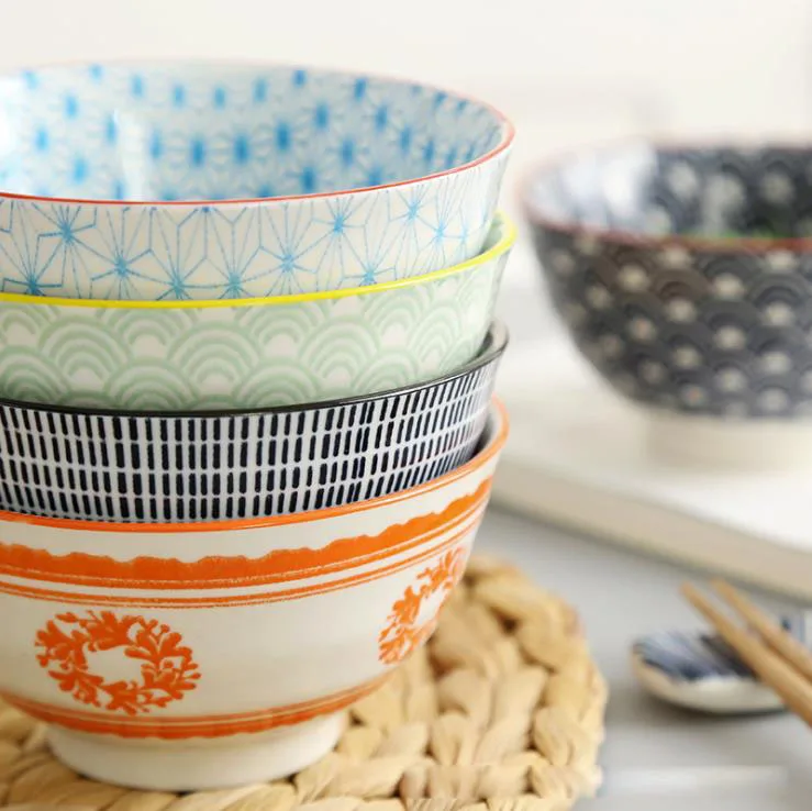 

4 Pcs/Set 4.5 Inch Rice Bowl, Ceramic Tableware, Thread, Underglaze Color, Support Oven And Dishwasher