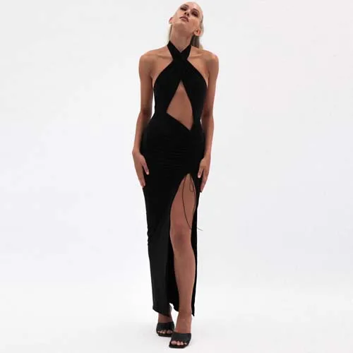 

Women Sexy Front Cross Halter Backless Maxi Dress Irregular Hollow Out Waist Strappy Ruched Leg Open Gown Party Dress