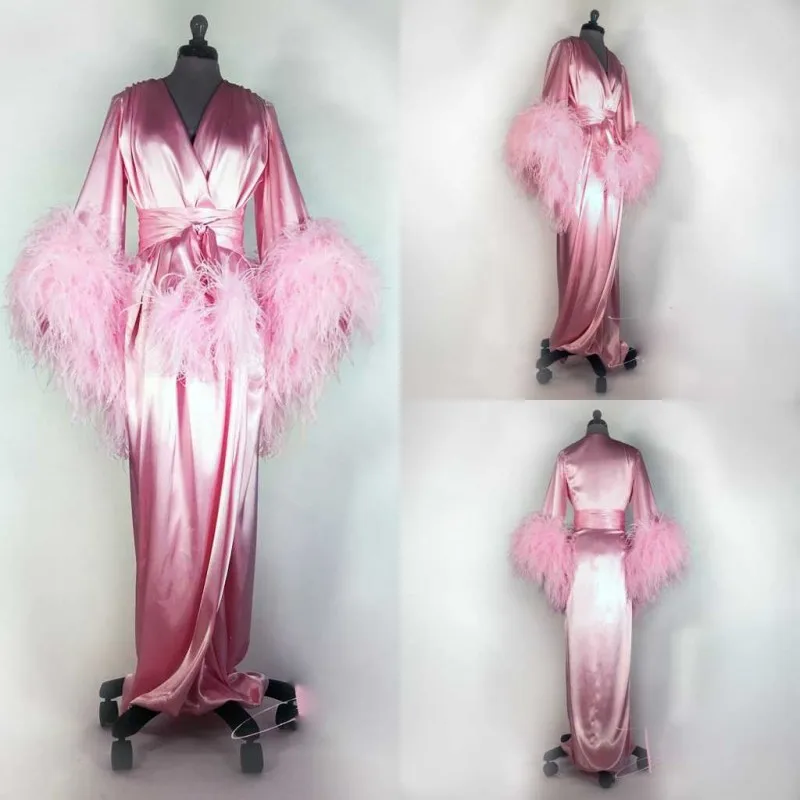 

Bathrobe for Women Pink Feather Full Length Lingerie Nightgown Pajamas Sleepwear Women's Dressing Gowns Housecoat Nightwear