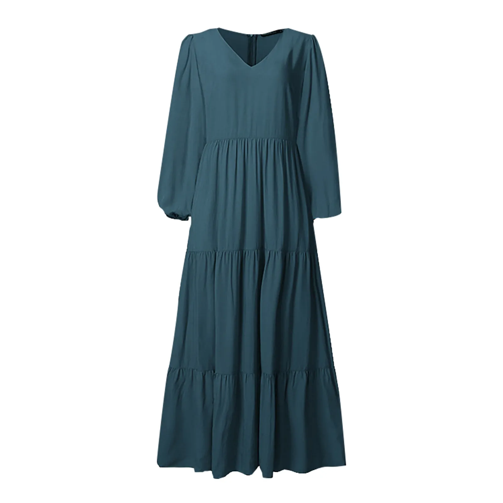 

Women Fashion Long Dress Lantern Sleeve Art Retro Pure Color Dress