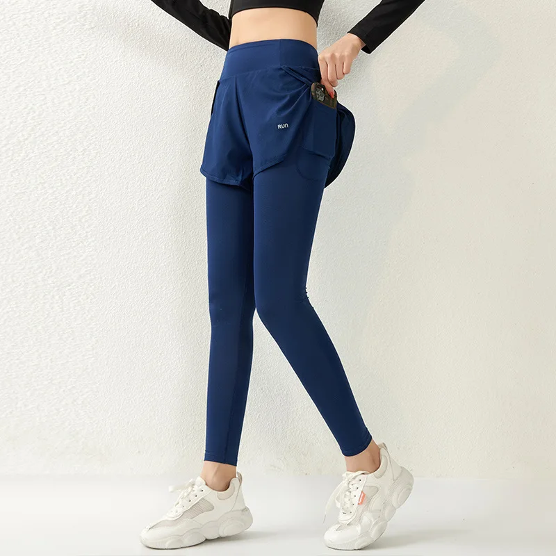 

Womens Solid Yoga Pants Fake Two-Piece Sports Long Pants Fitness Tight Long Leggings