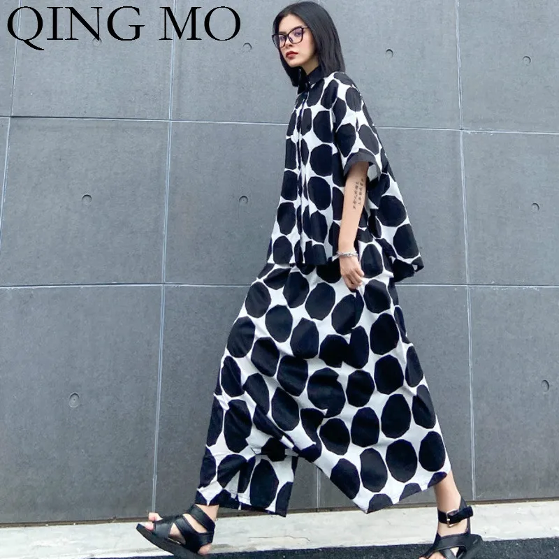 

Plus Size Women Dot Printed Set 2021 Summer Long set Women Batwing Sleeve Shirt + Plus Size Cross Pants Female Set ZQY4458