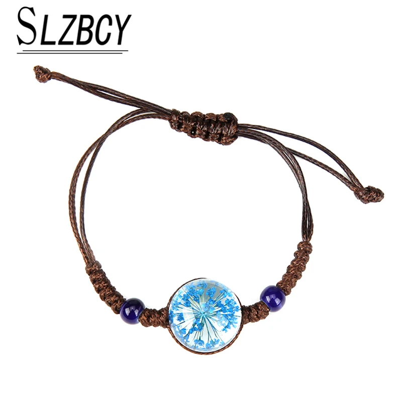 Модный стеклянный браслет с подвесками в виде сушеных цветов регулируемый