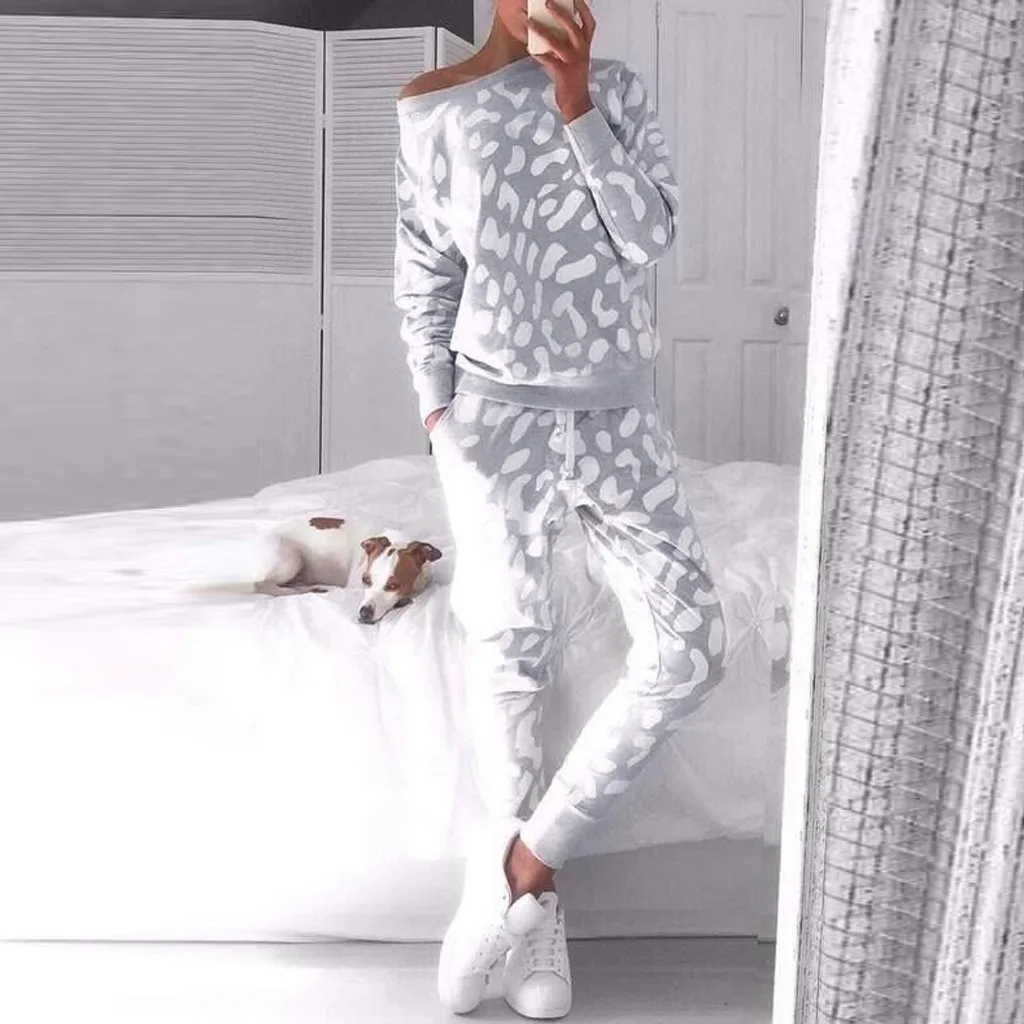 Комплект из 2 предметов Женская леопардовая расцветка Женский костюм осень-зима