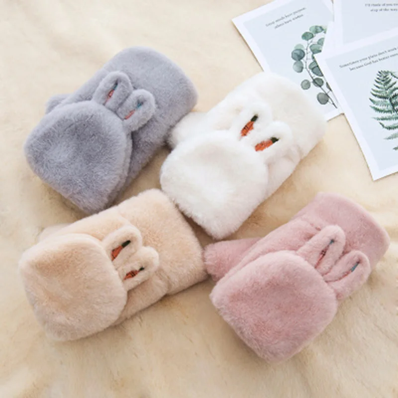 

Cute Cartoon rabbit Plush Thicken Warm Touch Screen Driving Glove Winter Women Faux Fur Knit Flip Fingerless Cycling Mitten L35L