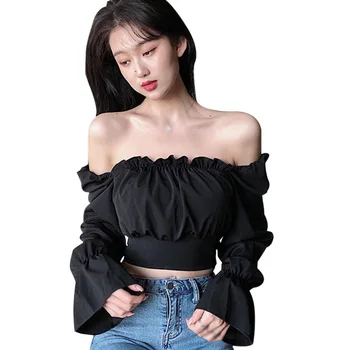 Autumn Women's Solid Color Shirt Slash Neck Sexy Bandage Navel Exposed Long Sleeve Blouses Tops 1