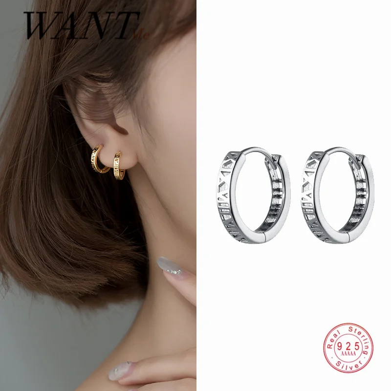 

WANTME Classic Roman Numeral Hollow Round Stud Earrings for Women Real 925 Sterling Silver Korean Temperament Girl Jewelry Gift