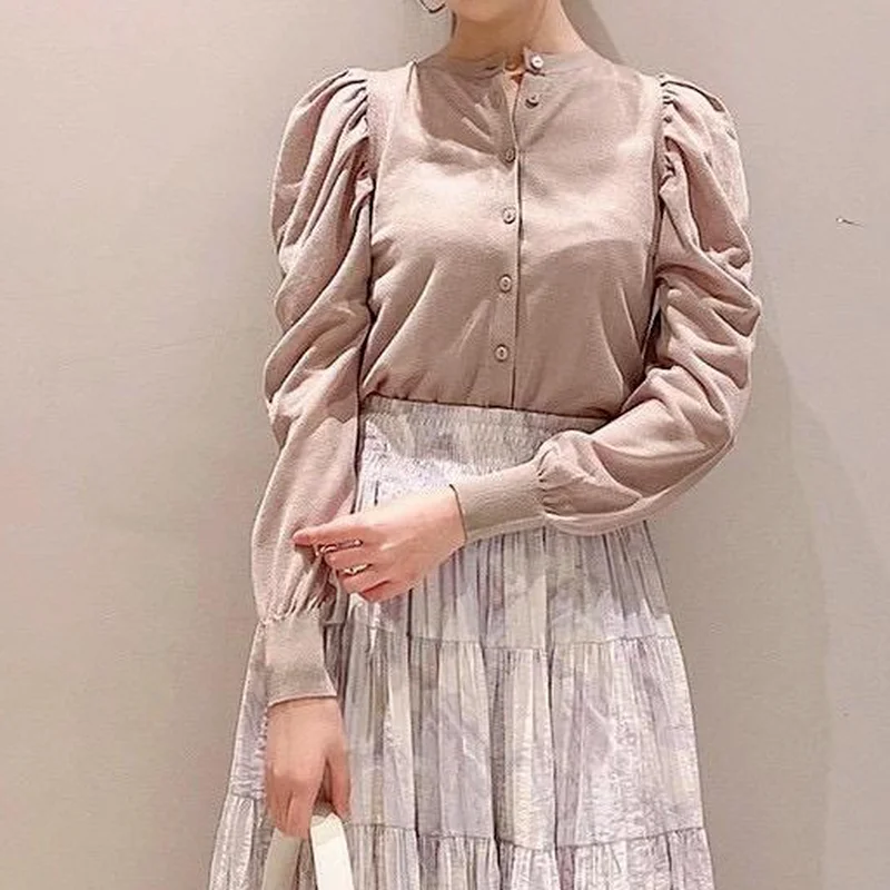 

Kuzuwata Solid O Neck Loose Puff Sleeve Cardigan Office Lady Simp Design Sweaters Women 2021 Spring Fresh Tops with Camis