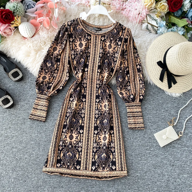 

2021 Summer Spring Women Autumn Bodycon Dress Party Vintage Printing Dresses Long Sleeve O-Neck Wrap Hip Slim Sexy Vestidos