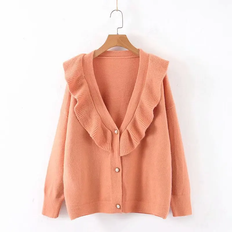 Woah 2019 Wednesday 8-60-9519 European and American fashion lotus leaf cardigan sweater |