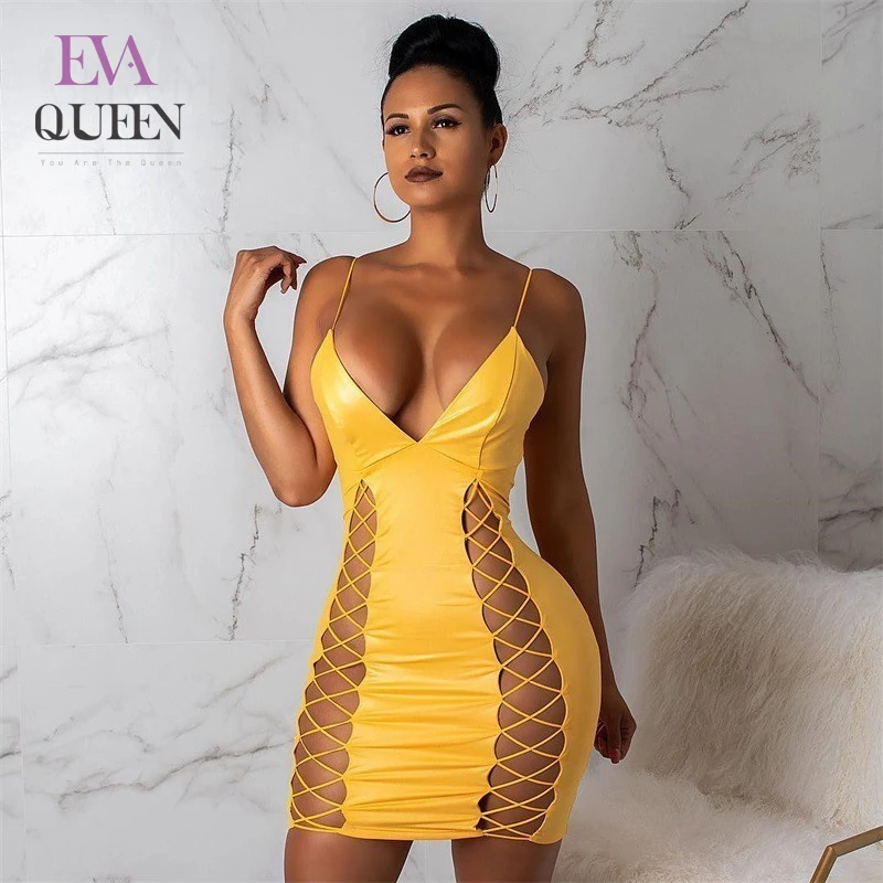 Платье EvaQueen женское желтое облегающее из искусственной кожи на тонких