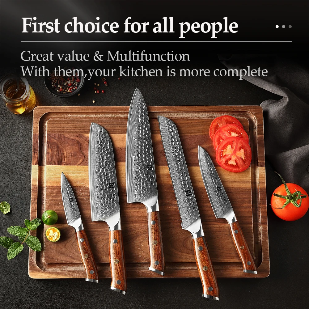 XINZUO-Juego de cuchillos Santoku de acero damasco, utensilios de cocina para Chef, con mango de madera de hierro del desierto de Am&eacute;rica del Norte, 5 unidades-5