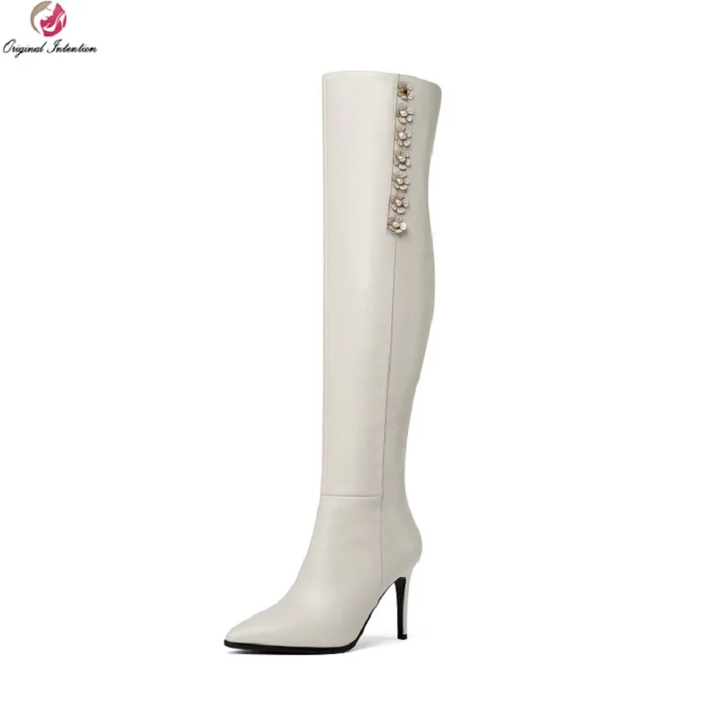 

Original Intention Elegant Women Knee High Boots Cow Leather Pointed Toe Thin Heels Boots Black Beige Shoes Woman US Size 4-8.5