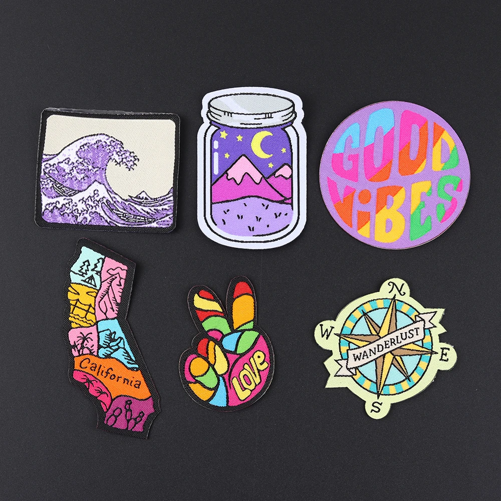 

Floating bottle Scissors hand embroidery Round letter sea wave patches sew on Map applique clothing dress decoration