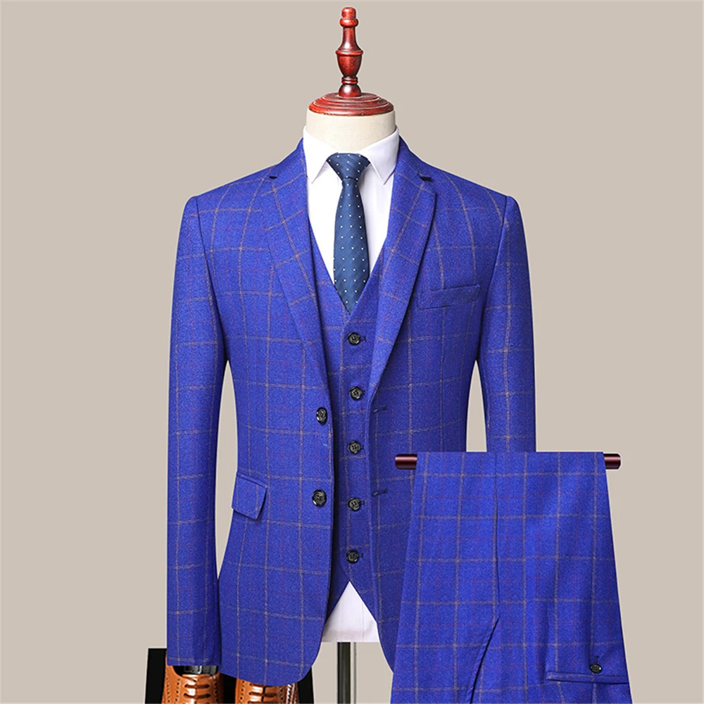 

Мужской деловой блейзер из трех предметов, деловые костюмы в клетку для мужчин, Модный свадебный костюм, пиджак + жилет + брюки