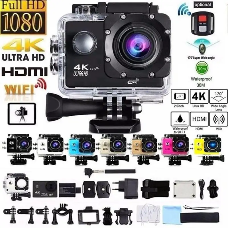 Дешево Экшн-камера H9R / H9 Ultra HD 4K, 30 м, водонепроницаемый экран 2,0 дюйма, 1080p, Спортивная камера Go Extreme Pro