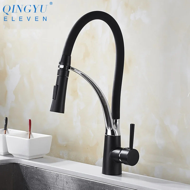 

QINGYU ELEVEN Black Kitchen Mixer Faucet Brass Sink Faucet Hot And Cold Deck Mounted Pull Down Kitchen Sink Mixer Tap