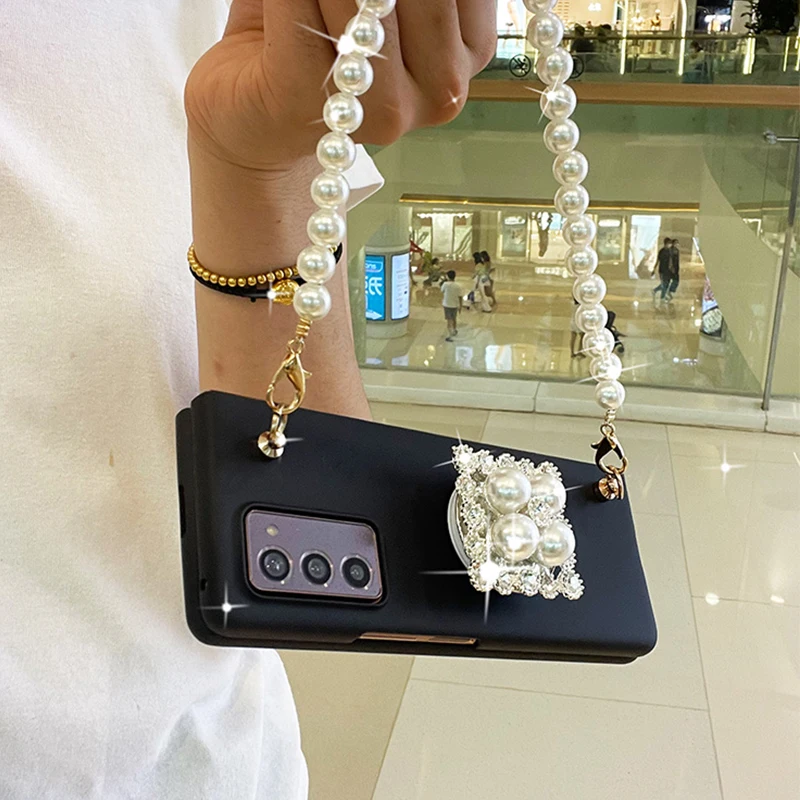 franch style conque for samsung galaxy z fold 2 3 w21 5g bling diamond rhinestone stand holder case cover with pearl hand chain free global shipping