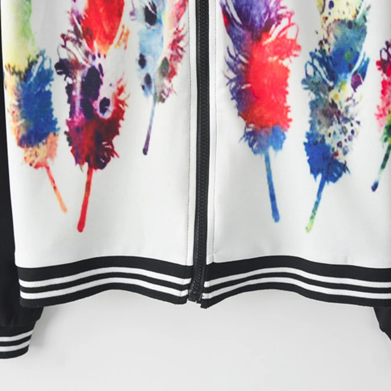 

Artguy Women Fashion Long Sleeve Contrast Striped Cuff Color Feather Printed Baseball Jacket Girl Zip-up Jacket Sweatshirt Coat