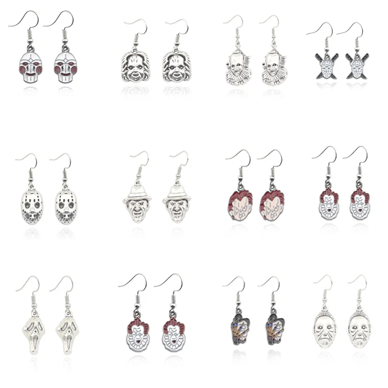 

Horror Movie Series Chucky Face Stephen Kings IT Penny Wise Jason Hockey Horror Earrings For Man and Women Christmas Gifts