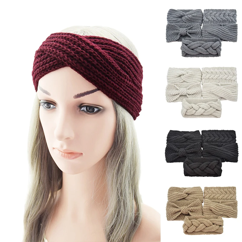 5Pcs Women Winter Crochet Cable Knit Headband Knotted Center Thicken Plush Lining Hairband Solid Color Ear Warmer Turban