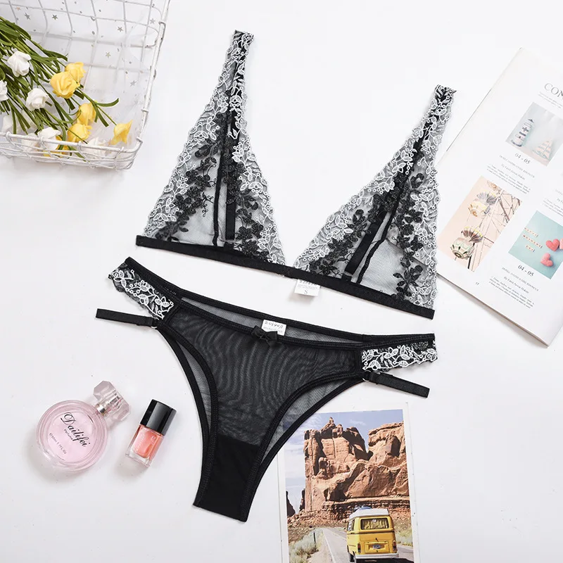 

MeiKeDaiNicey Sexy Lingerie Transparent Lace Bra and Panty Set Embroidery Floral Underwear Women Set See Through Nightwear 2Pcs