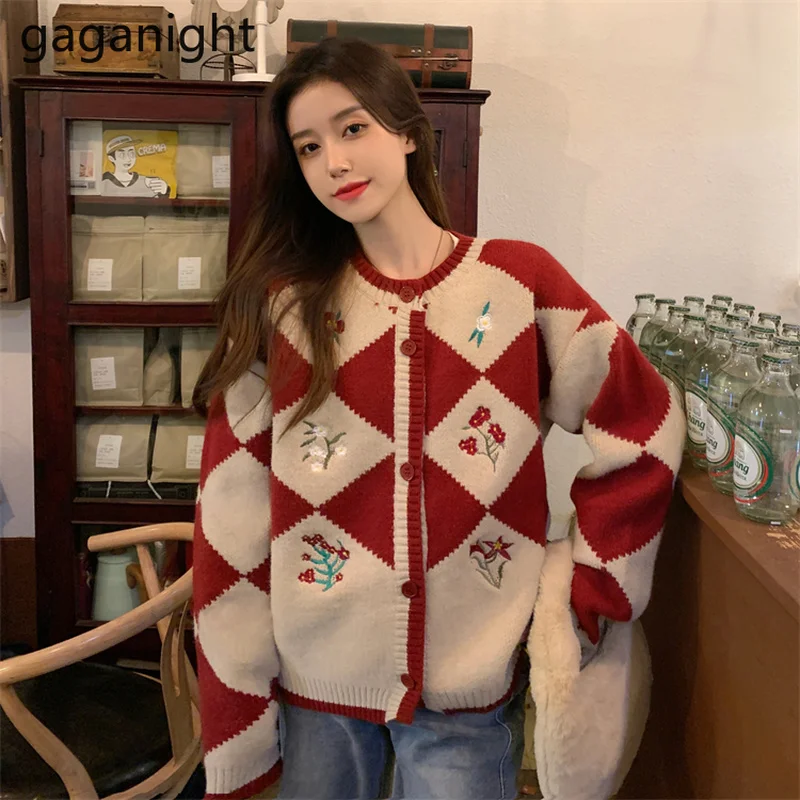 

Gaganight женский шахматный свитер Кардиган Куртка 2021 осень и зима новый ретро милый цветочный контрастный свободный женский трикотаж