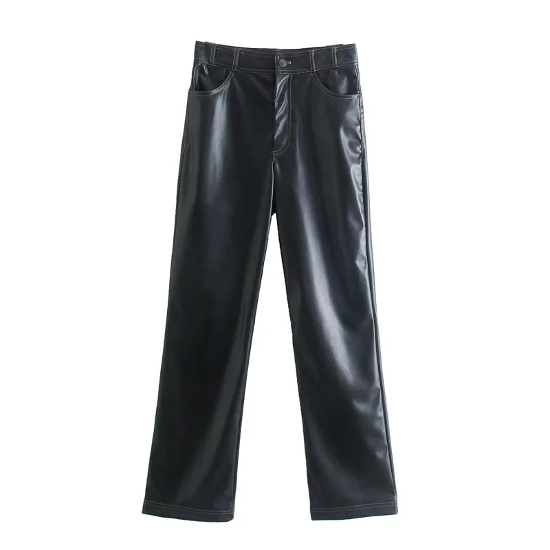 

Женские прямые брюки из искусственной кожи, элегантные черные свободные брюки с высокой талией, уличная одежда, 2021