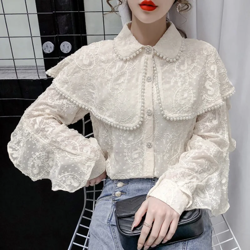 #2007 белые бежевые кружевные рубашки для женщин двухслойный воротник сексуальные