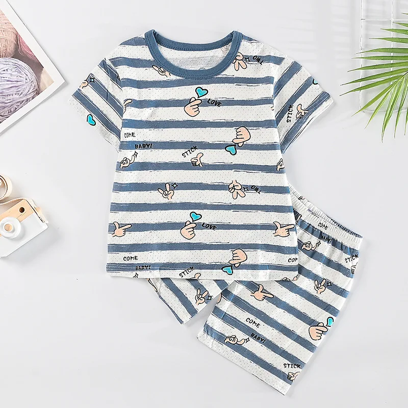 

Children's Summer Short-sleeved Suit Boys Girls Cartoon T-shirt + Shorts Cotton Set Animal Fruit Hole Breathable Clothing