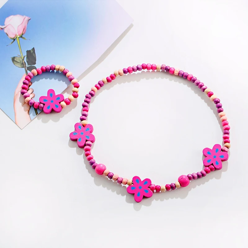 

2020 Girls Jewelry Sets Cute Flower Wood Beads Necklace Bracelet Set For Kids Children Boy Birthday Party Gift
