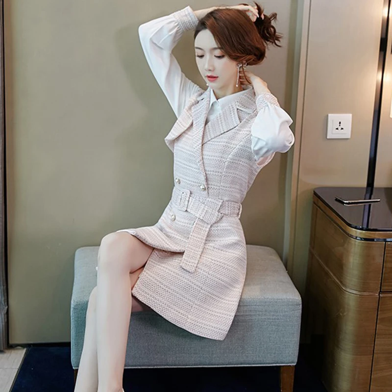 

Woman Autumn Winter Plaid Two Piece Suit Turndown Collar Long Sleeve Shirt Tops + Sleeveless Double Breasted Vest Dress Set 2020