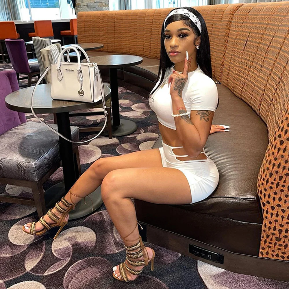 

Casual Fitness Plus Size Women Clothing Two Pieces Short Set T Shirt Top Side Hollow Out Biker Shorts Summer Outfit Sweatsuits