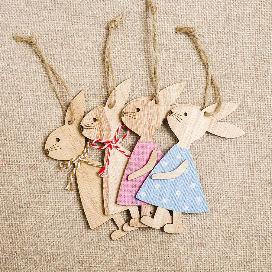 

4pcs Easter Wooden Bunny Pendant Wood Rabbit Easter Decoration Hanging Craft for DIY Home Party Kids Gift Easter Decor Supplies