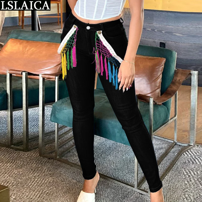 

Women Pants New Fashion High Waist Casual Summer Elegant Streetwear Trouses Tassel Decorated Button Pockets Bodycon Jeans 2021