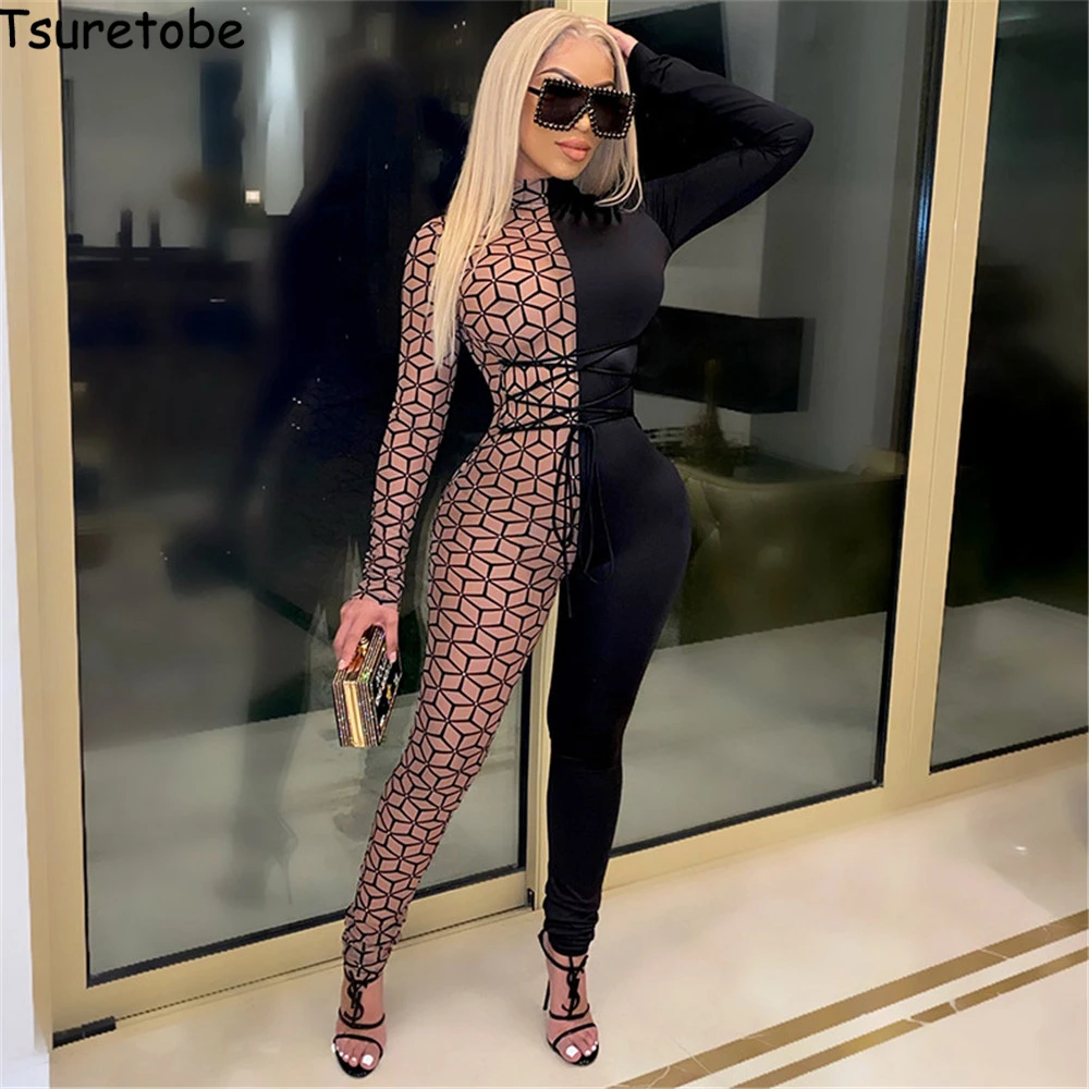 

Tsuretobe Patchwork Jumpsuit Women Winter 2020 Lace Up One Piece Outfit Women Skinny Bandage Romper Sexy Outfits Club Overalls