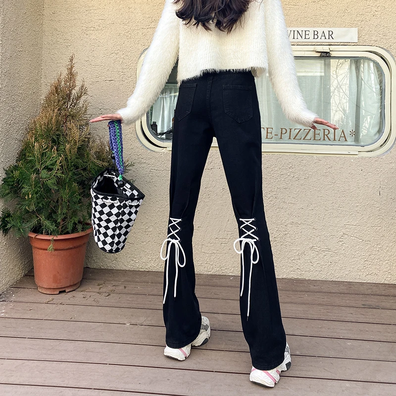 

Autumn And Winter New Design Sense Bandage Micro Horn Women's Jeans Spice Girl High Waist Thin Straight Tube Wide Leg Long Pants